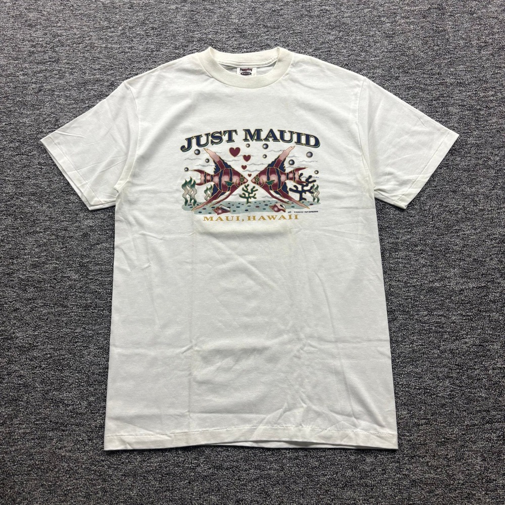 Vintage 1998 Oneita Just Mauid Hawaii Nature Graphic White T-Shirt Size Medium